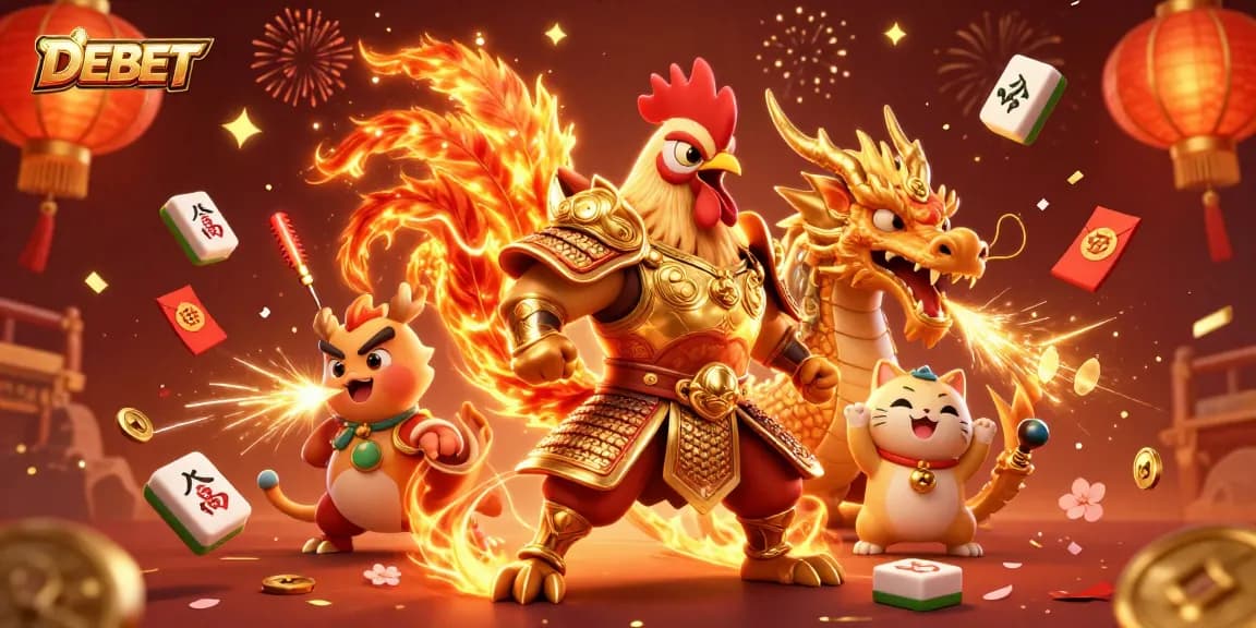 Experience thrilling betting at DEBET with a powerful rooster warrior, dragon hatchling, and celebration elements.