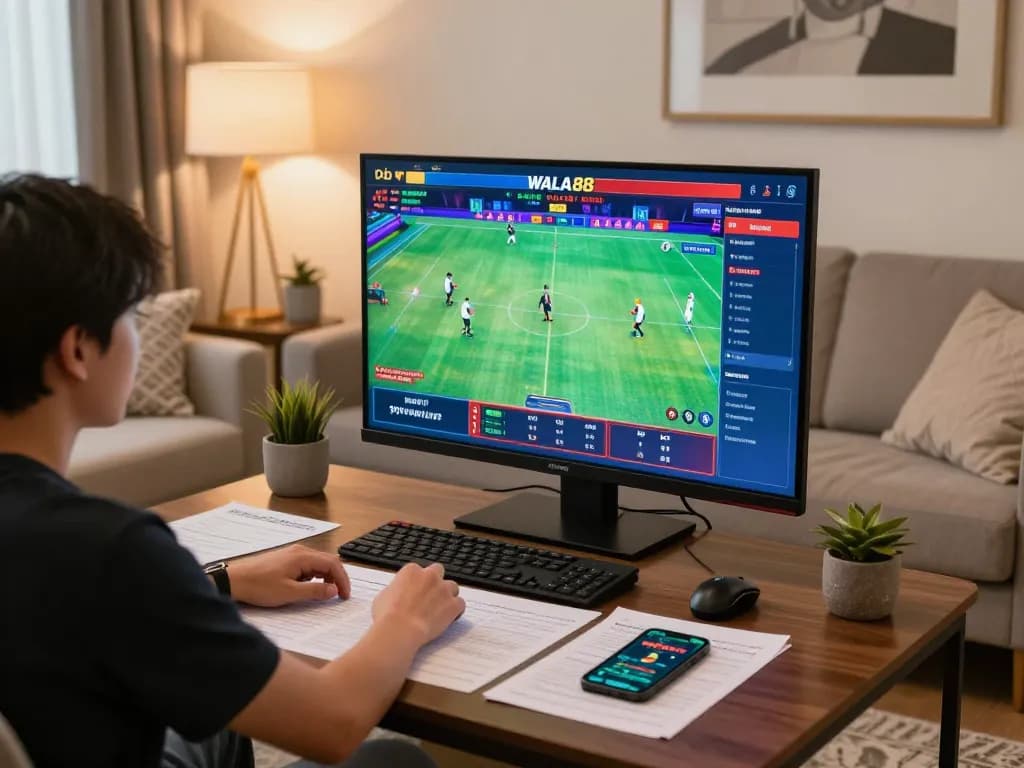 Engaging in đá gà online WALA88 from a cozy home setup, featuring live-streamed matches and strategic notes.