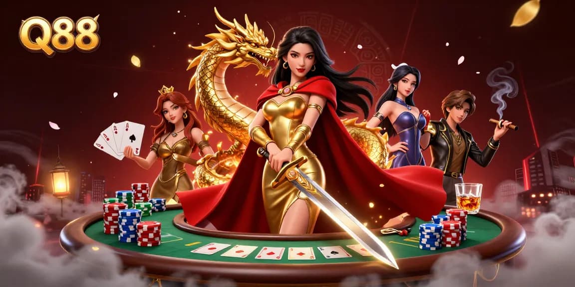 Play poker with Q88 as a stunning warrior queen and her golden dragon in an enchanting casino scene.