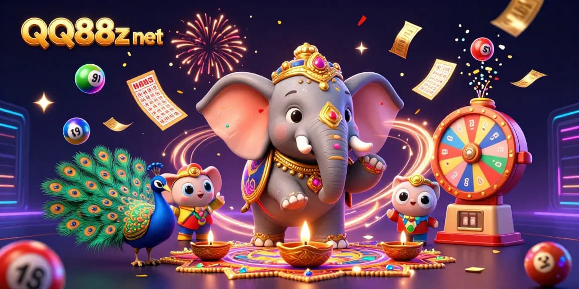 Experience excitement with QQ88z net's vibrant lottery scene featuring colorful elements and festive characters.