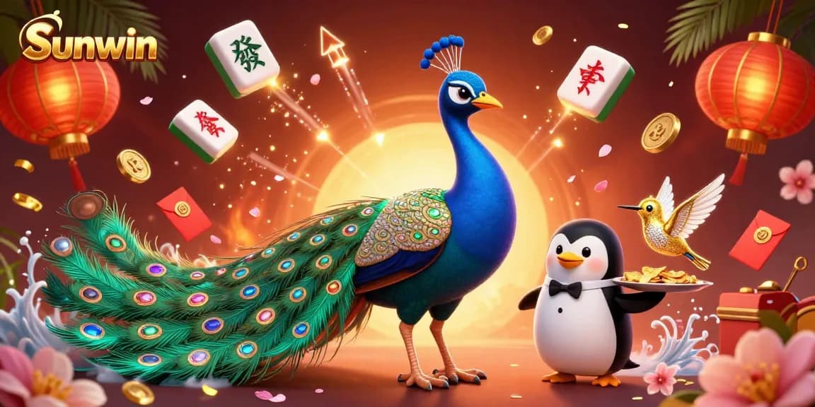 Sunwin enhances casino gameplay with vibrant peacock, penguin butler, and hummingbird amid festive decorations.