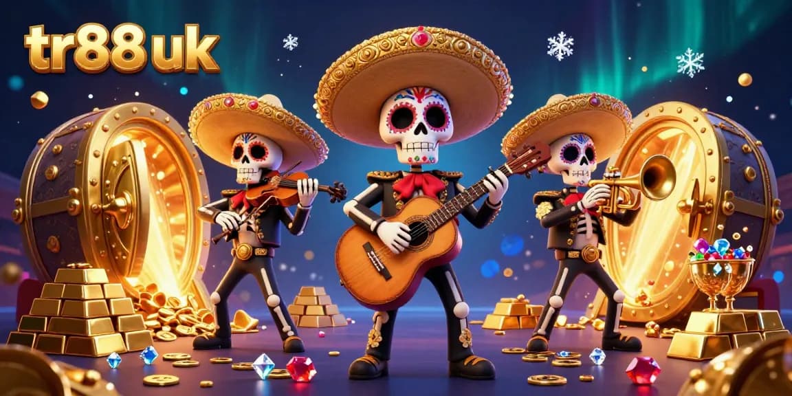 Experience gambling thrills at tr88 uk with vibrant mariachi skeletons surrounded by treasure.