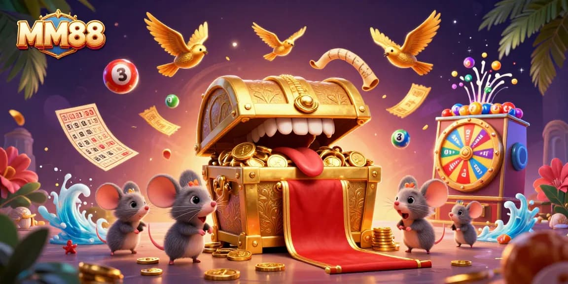 Engage with MM88's thrilling casino games and lottery excitement in a vibrant 3D illustration.