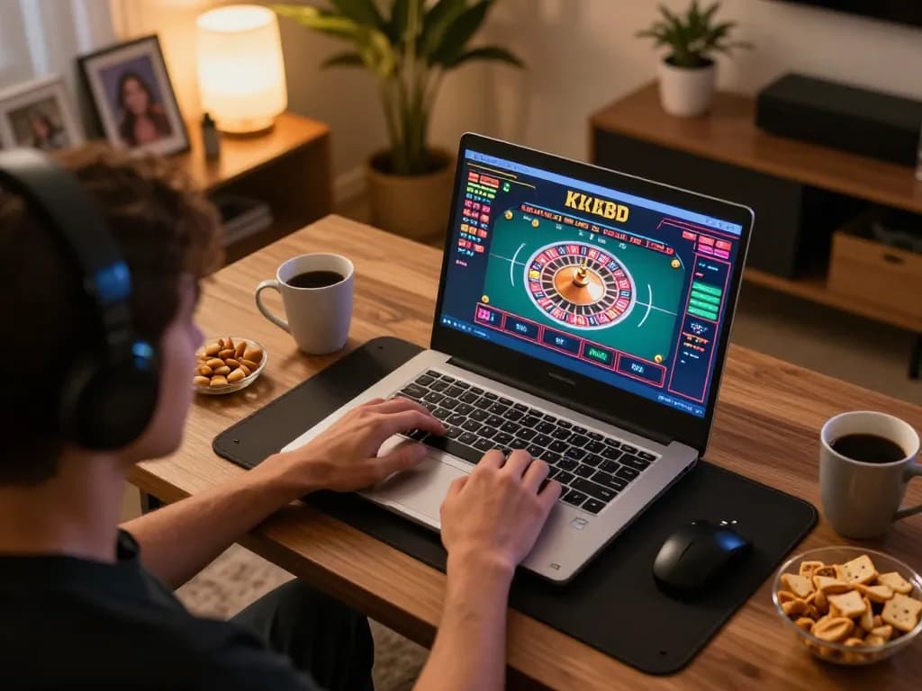 Person engaging in KKBD Casino gaming on a laptop in a cozy home setup