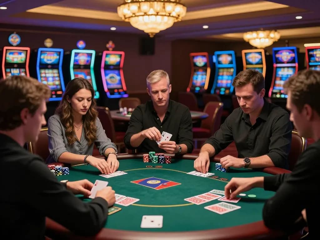 Players engage in a captivating poker game at alo8, highlighting high stakes and luxurious decor