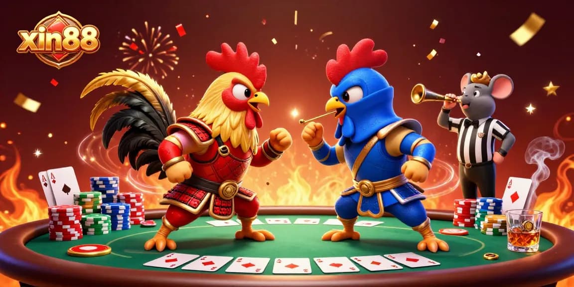 Engage in the excitement of xin88 with dynamic fighting roosters in a casino showdown.