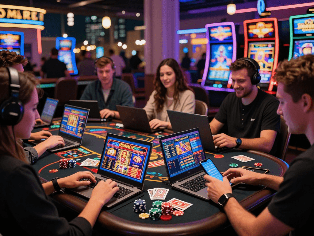 Diverse players engaged in exciting online gaming at https://ghsc.co.uk, showcasing vibrant casino scenes with colorful graphics and dynamic urban backdrops.