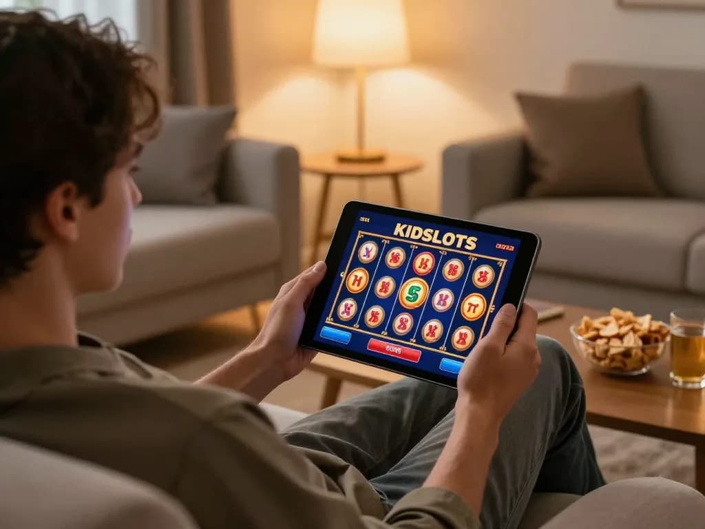 KDSlots player enjoying online slots from the comfort of a cozy living room.