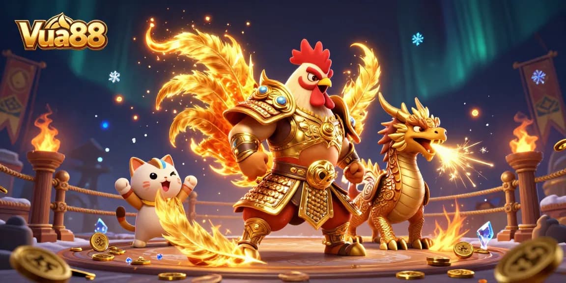 Engage with Vua88’s dynamic betting scene featuring a colorful fighting rooster and dragon in battle.