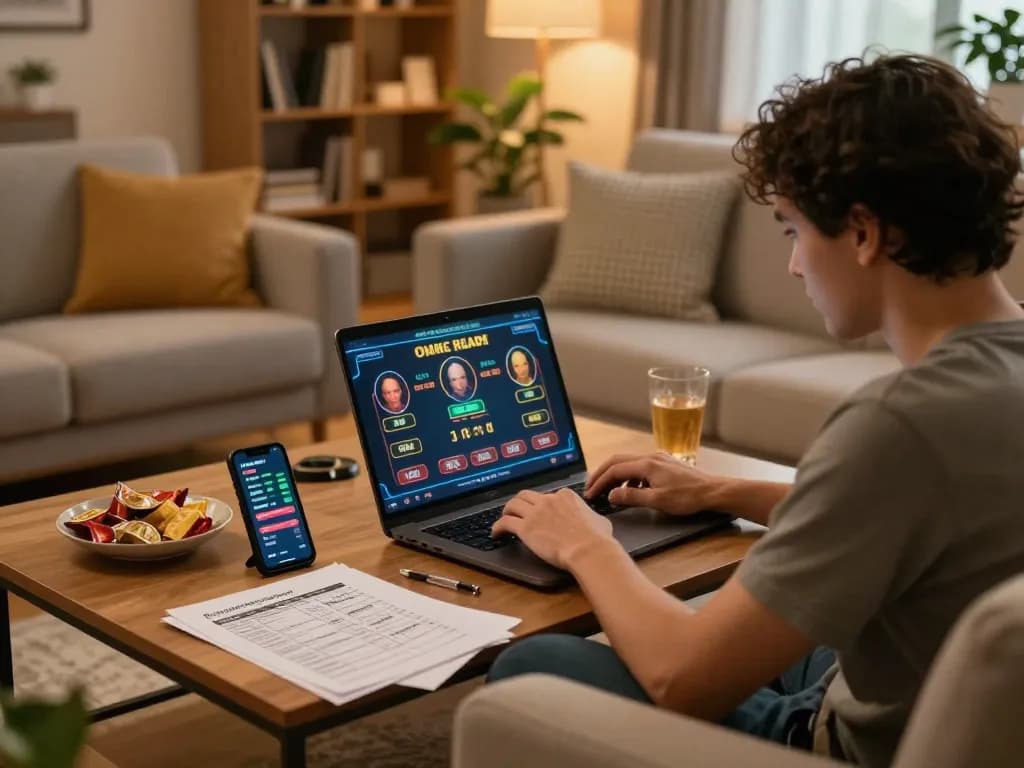 Player engaged in online gaming at home, using the God55 app for strategic betting.