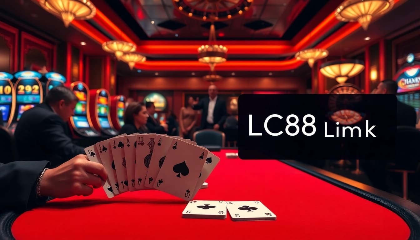 A high-stakes poker game at a luxurious casino, promoting the LC88 Link for professional gambling.