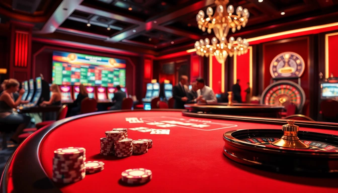 Players enjoying various games at MB66's luxurious casino, showcasing poker chips and excitement.