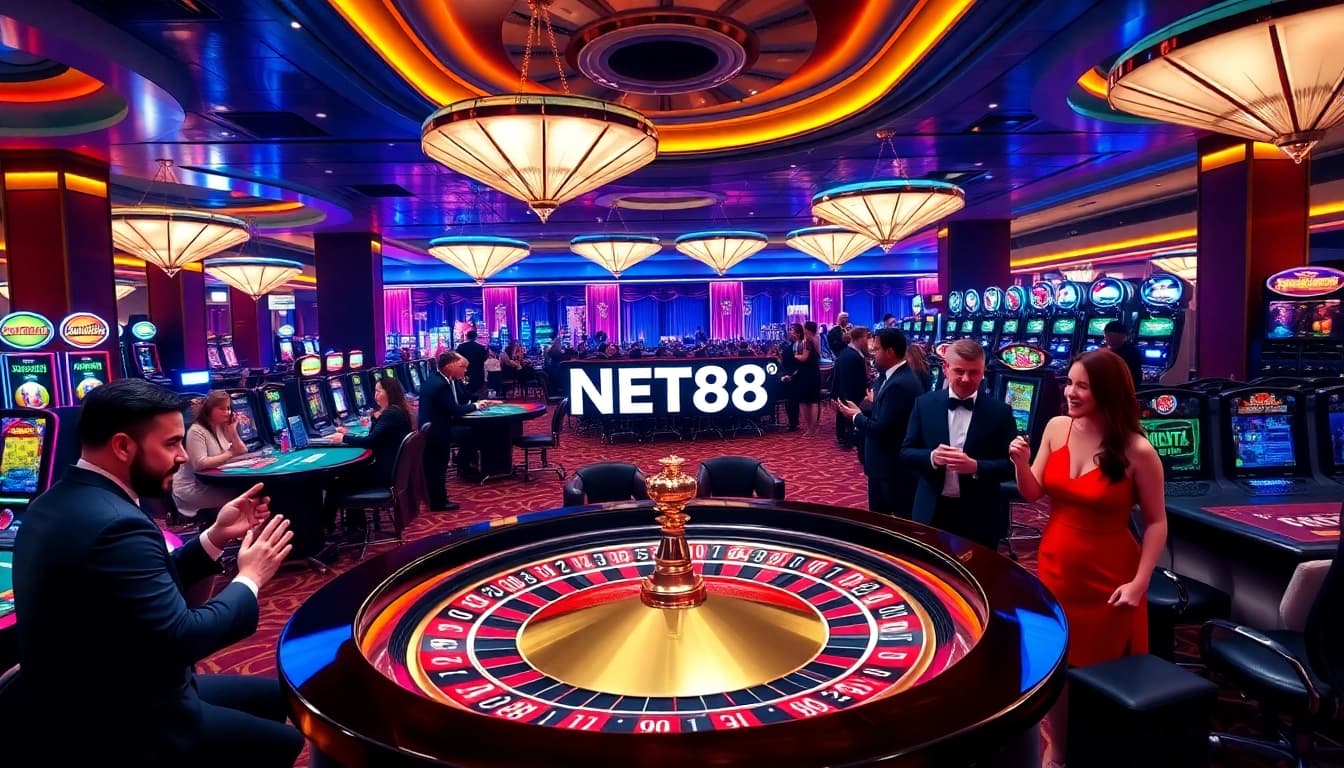 Players enjoying a thrilling NET88 gaming experience at an elegant casino.