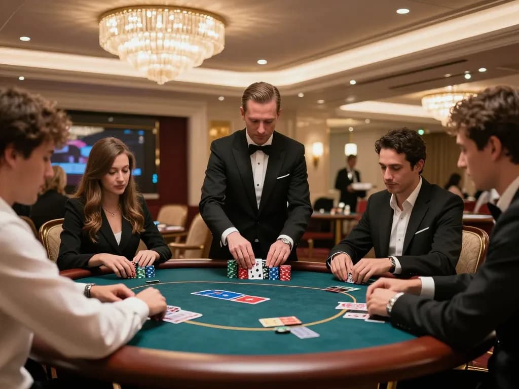 Engaged players at 33WIN poker table in a luxurious casino VIP area, showcasing high-stakes gaming excitement.