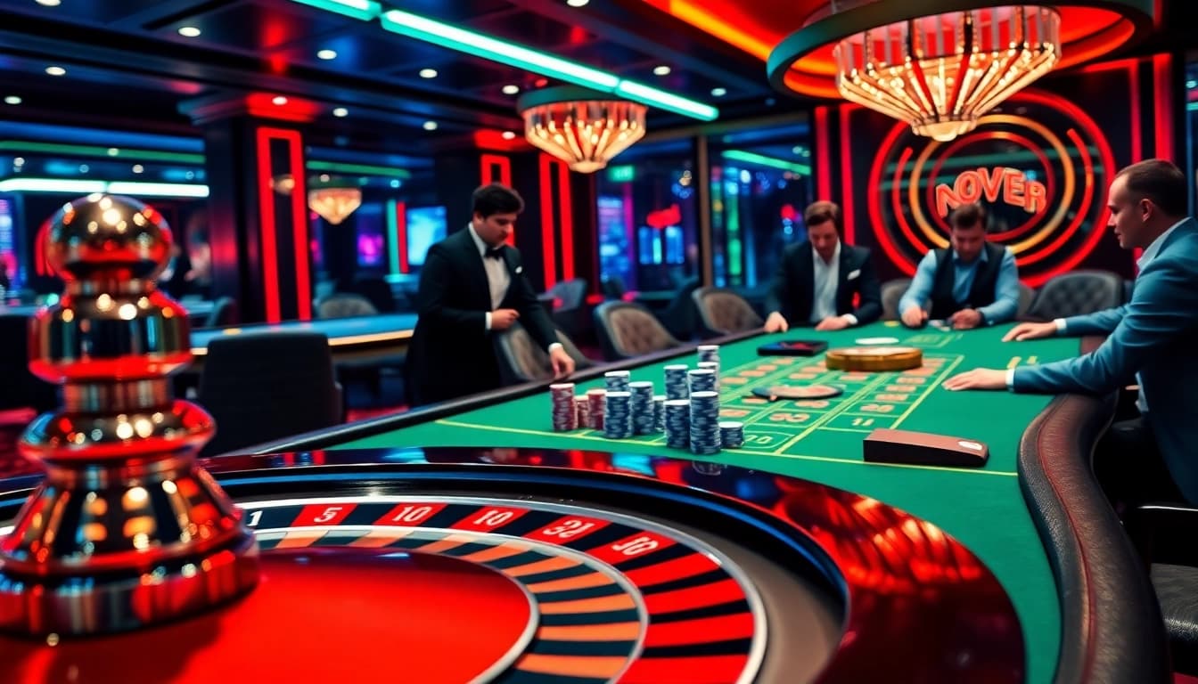 Exciting gaming action at OK 8386 casino showcasing poker chips, roulette, and enthusiastic players.