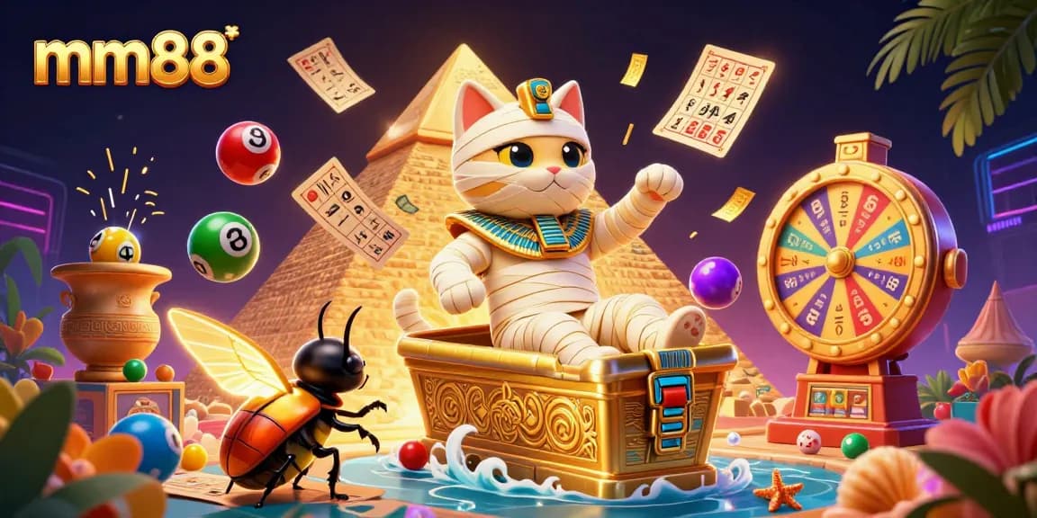 Engage with exciting mm88 casino games featuring a vibrant Egyptian mummy cat and thrilling lottery elements.