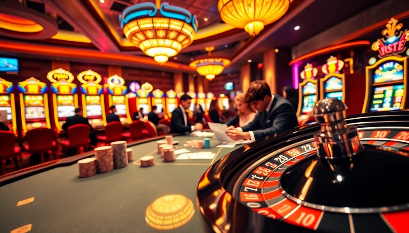 Experience excitement with tỷ lệ kèo nhà cái while playing at a vibrant poker table in a luxurious casino setting.