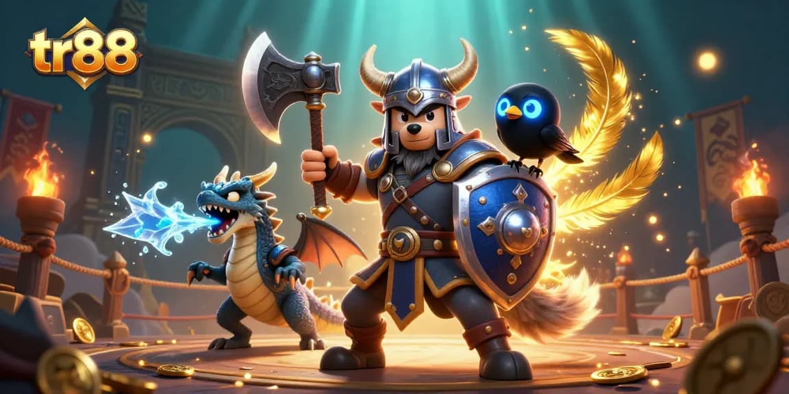 Engage with tr88's fierce betting adventure featuring a Viking wolf warrior, dragon, and vibrant casino elements.