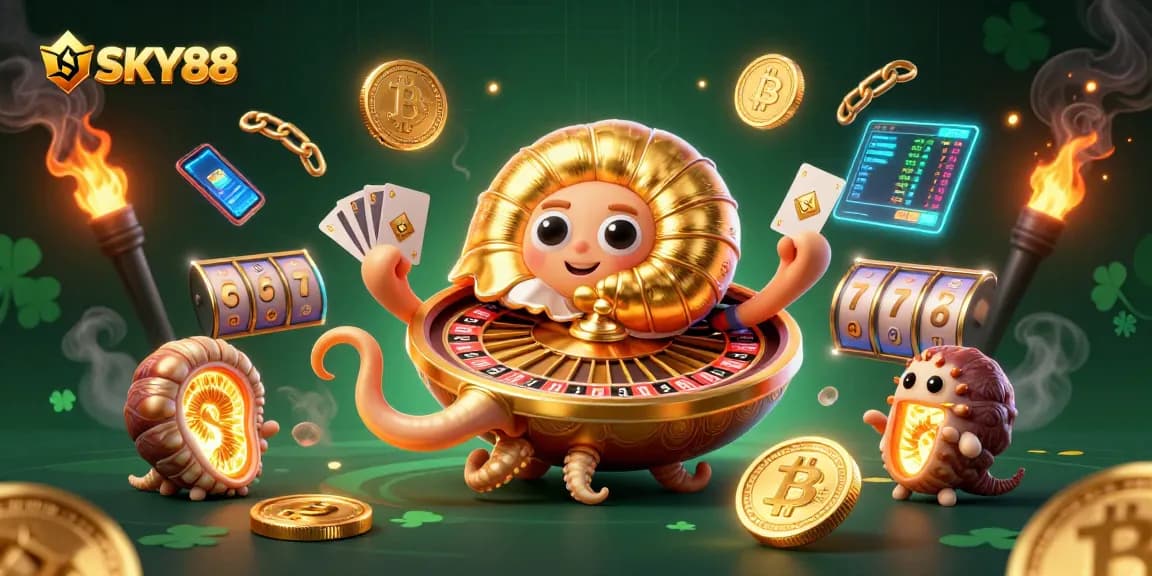 Engage with thrilling games at SKY88 featuring a stunning nautilus roulette and glowing crypto elements.