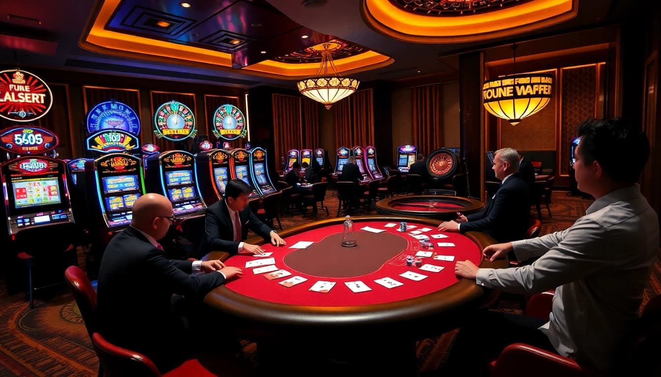 Engage with Khuyến mãi 98win while enjoying live poker at a vibrant casino table with colorful slot machines.