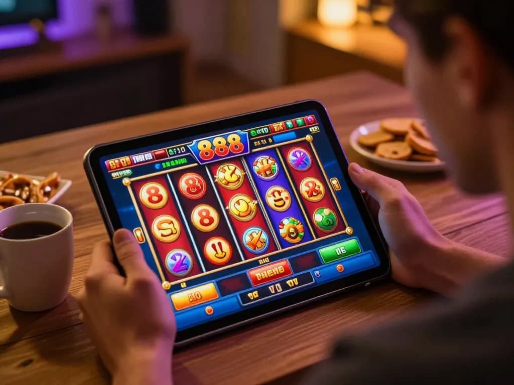 Engaging home setup featuring slot88 gameplay on a tablet, showcasing vibrant reels and winning combinations.