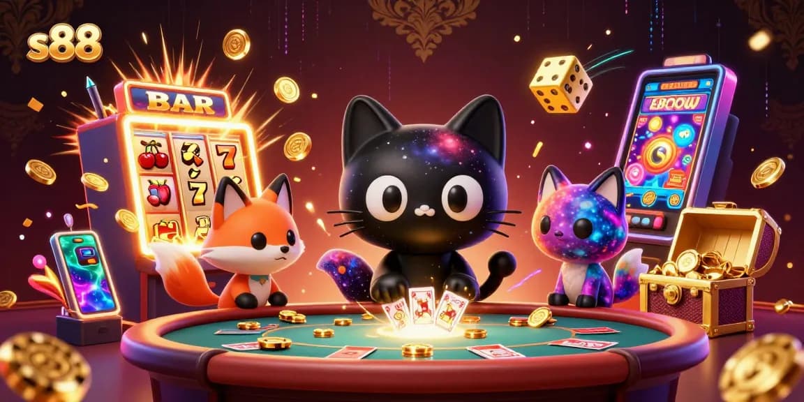 Spin the slots with s88 in a vibrant cosmic casino scene filled with golden chips and colorful elements.