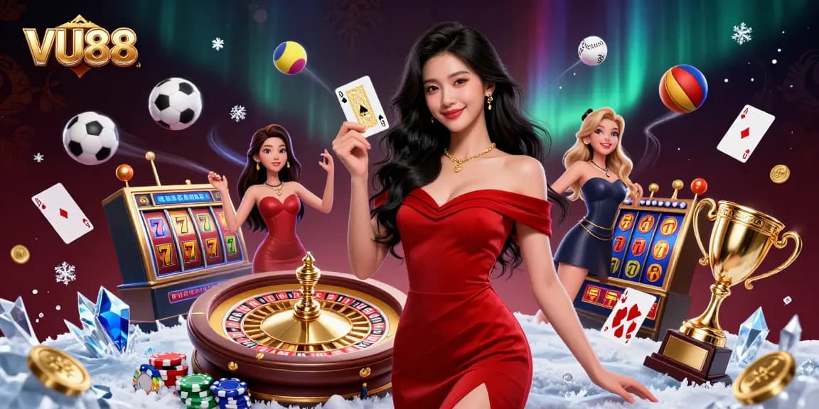 Experience VU88's vibrant online casino with a stunning Asian woman in a glamorous scene of casino excitement.