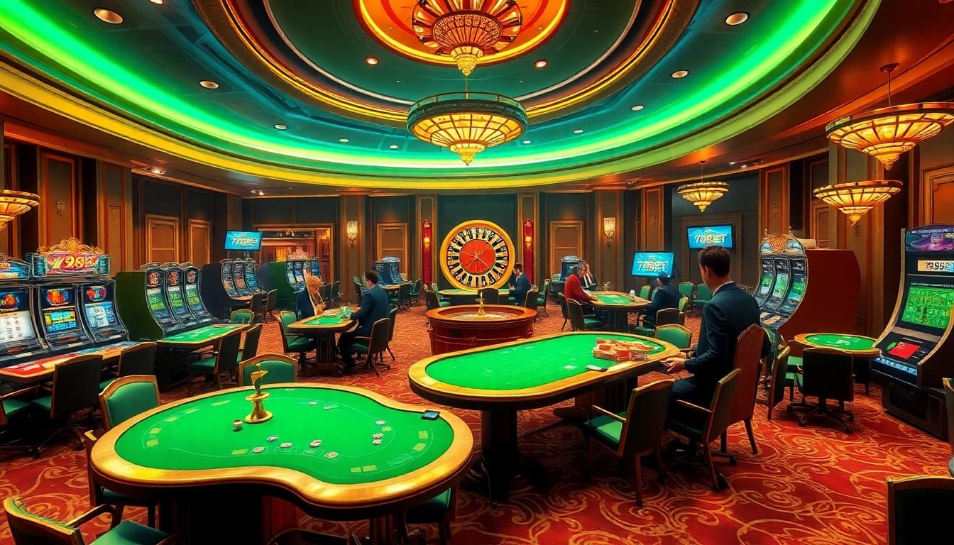 Players enjoying a thrilling game at 789BET casino with vibrant tables and exciting slot machines.