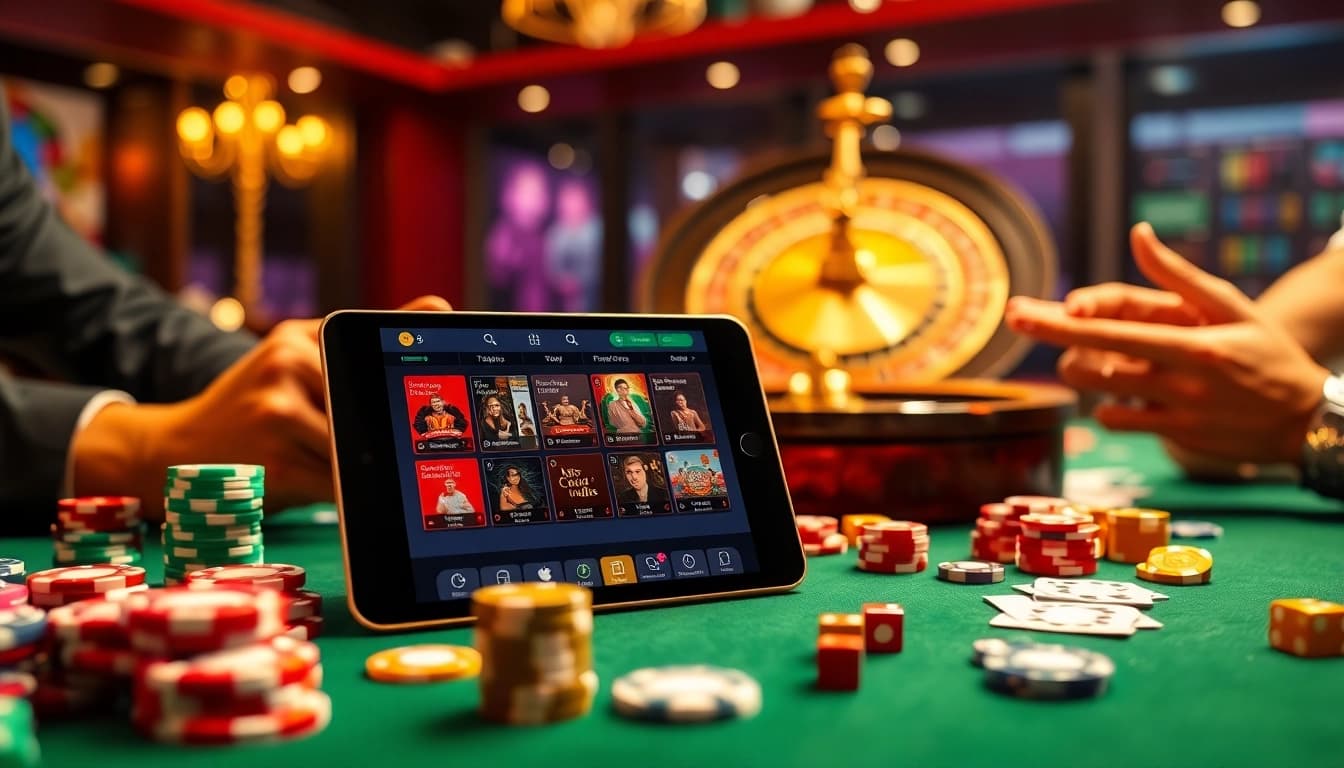 Engaging mobile gaming at TR88 autos with vibrant poker chips and an exciting roulette wheel.
