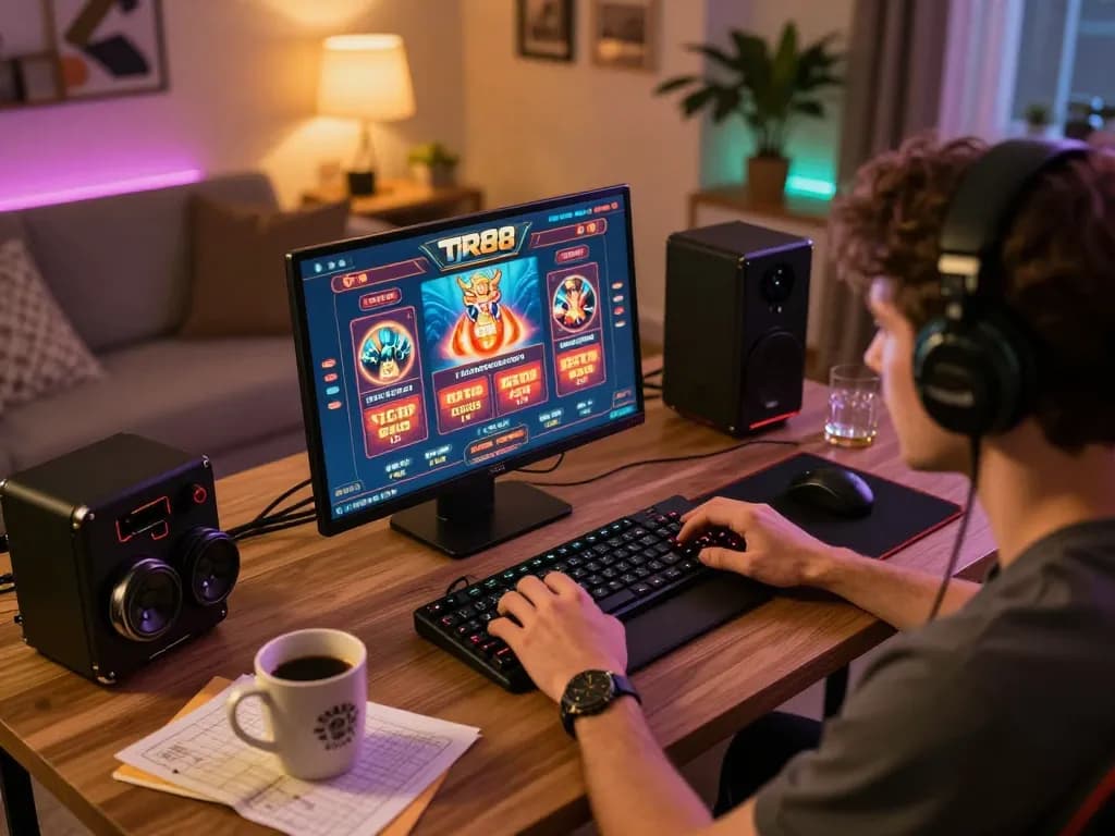 Engaged player exploring TR88 casino games on tablet in a cozy home setup