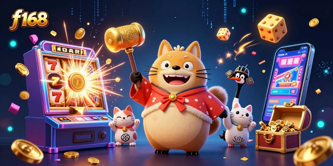 Engage with f168’s vibrant gaming scene featuring cheerful tanuki and fortune cats amidst dynamic casino elements.