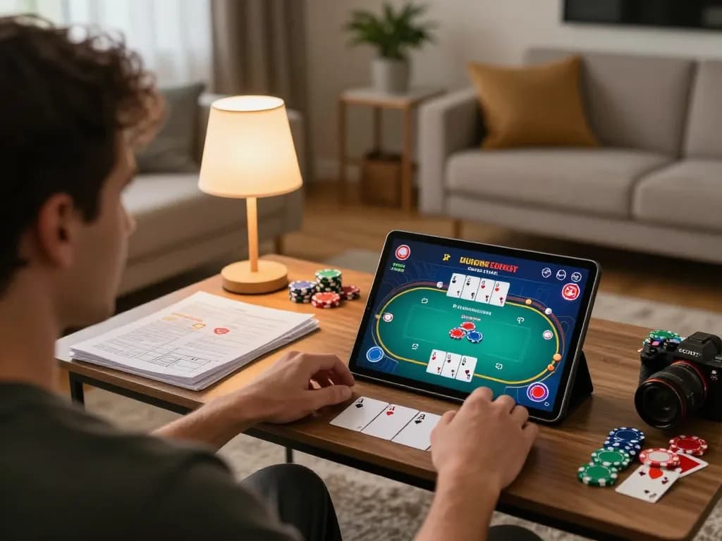 Player enjoying online poker at home through tablet showcasing strategies at hit club