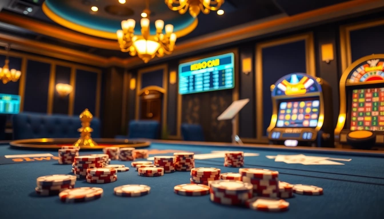 Engaging scene showcasing Kèo Nhà Cái betting action at a luxurious casino table with cards and chips.