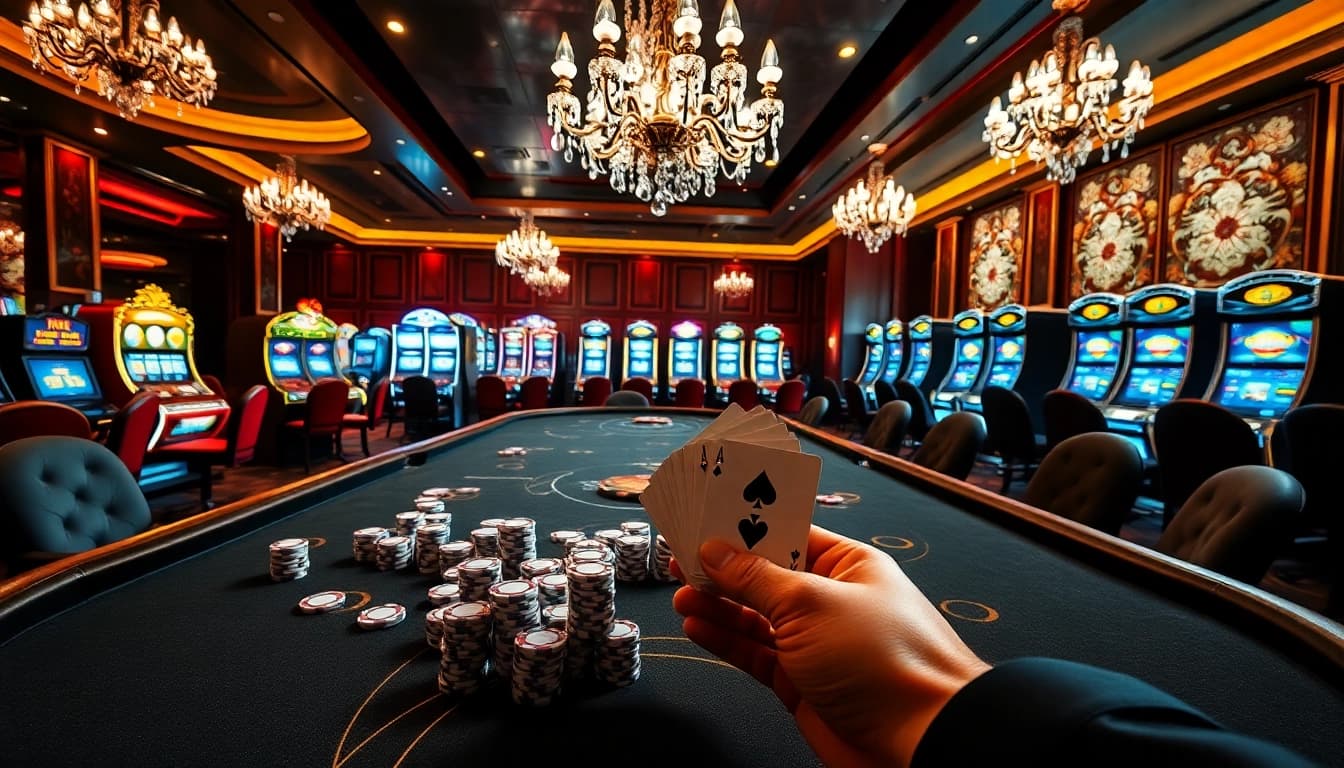 Experience the excitement of OK 8386 with vibrant poker tables and luxurious slot machines.