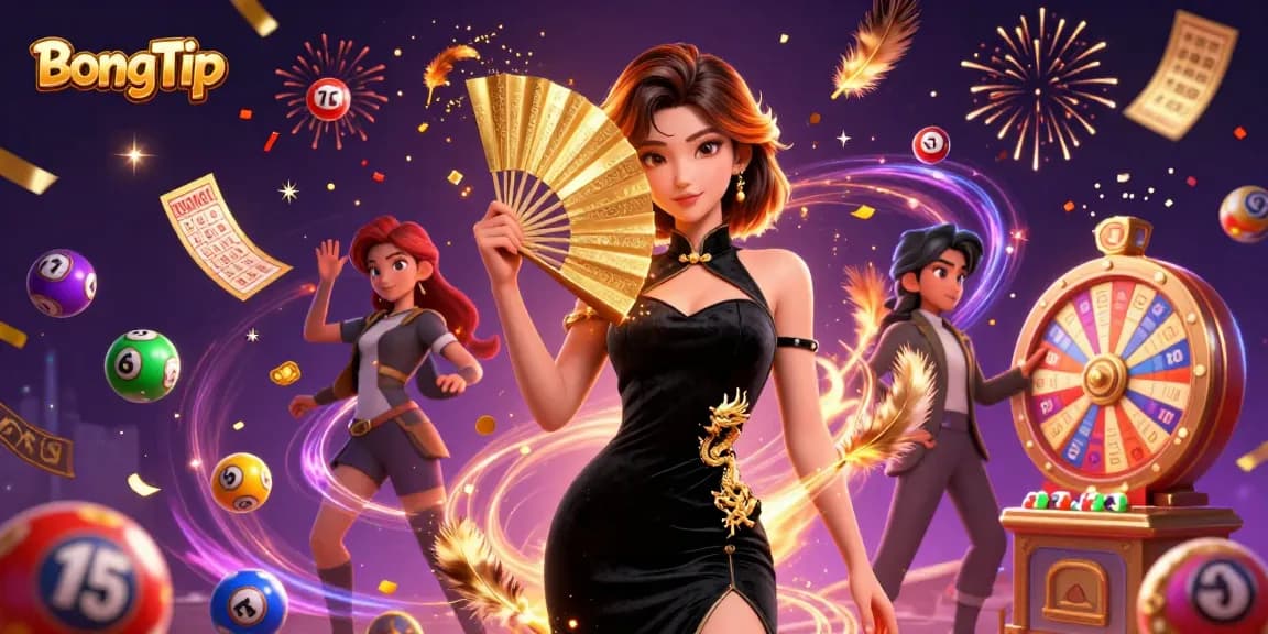 BongTip showcases an Asian woman in a velvet dress amidst vibrant lottery elements, enhancing the gambling experience.
