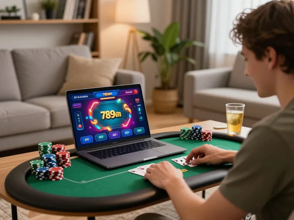 Engaging online poker session on 789win app, showcasing excitement and strategy in a cozy living room.
