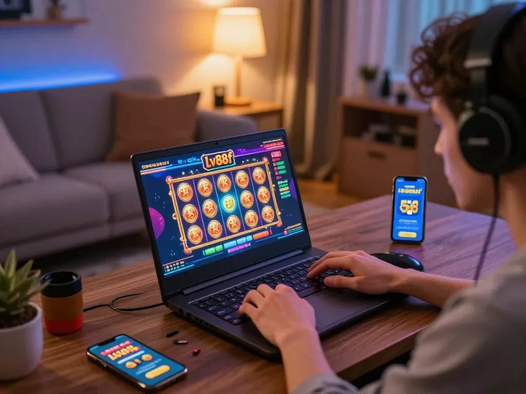 Engaging online gaming scene with a player exploring lv88f casino slots on a laptop in a cozy home.