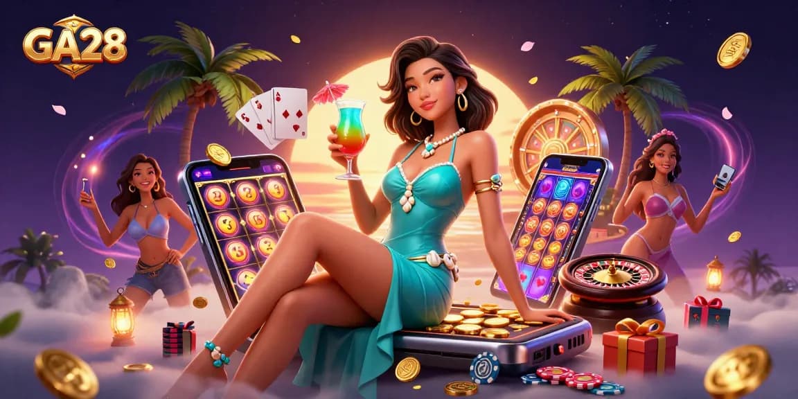 Experience GA28 casino excitement with vibrant visuals of slot games and tropical themes.