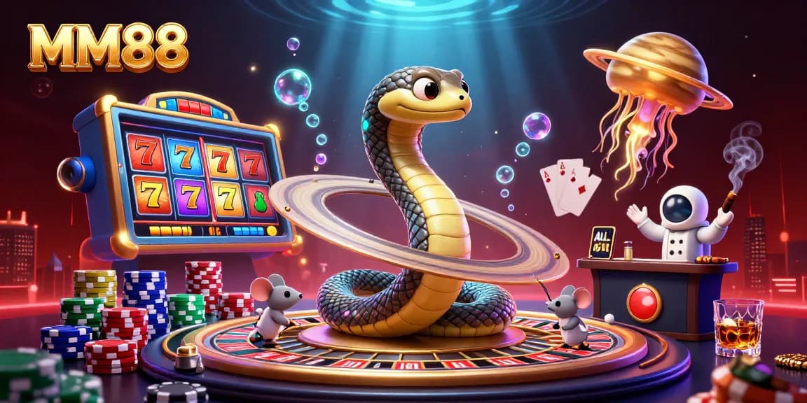 Experience the excitement of MM88 with a vibrant 3D casino scene featuring dynamic gambling elements.