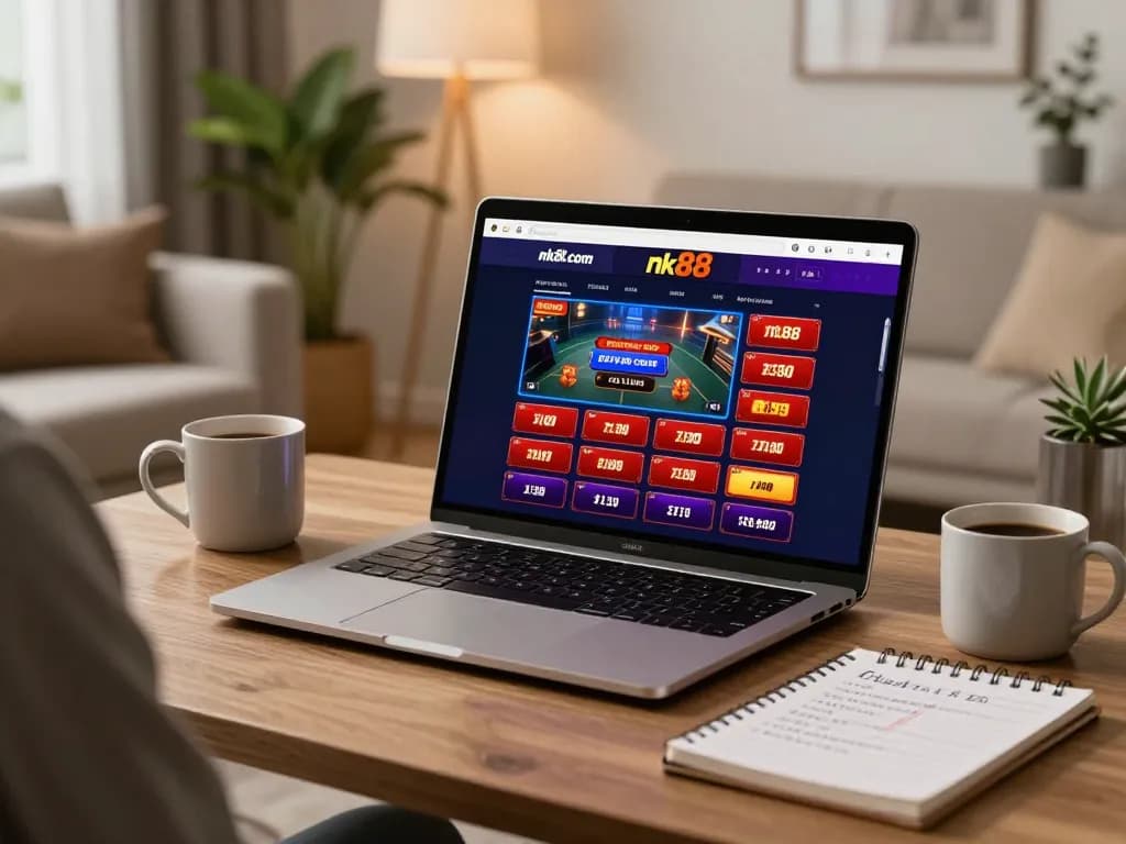 Engaged player using nk88 com on laptop in a cozy home gaming setup, focused on responsible betting.