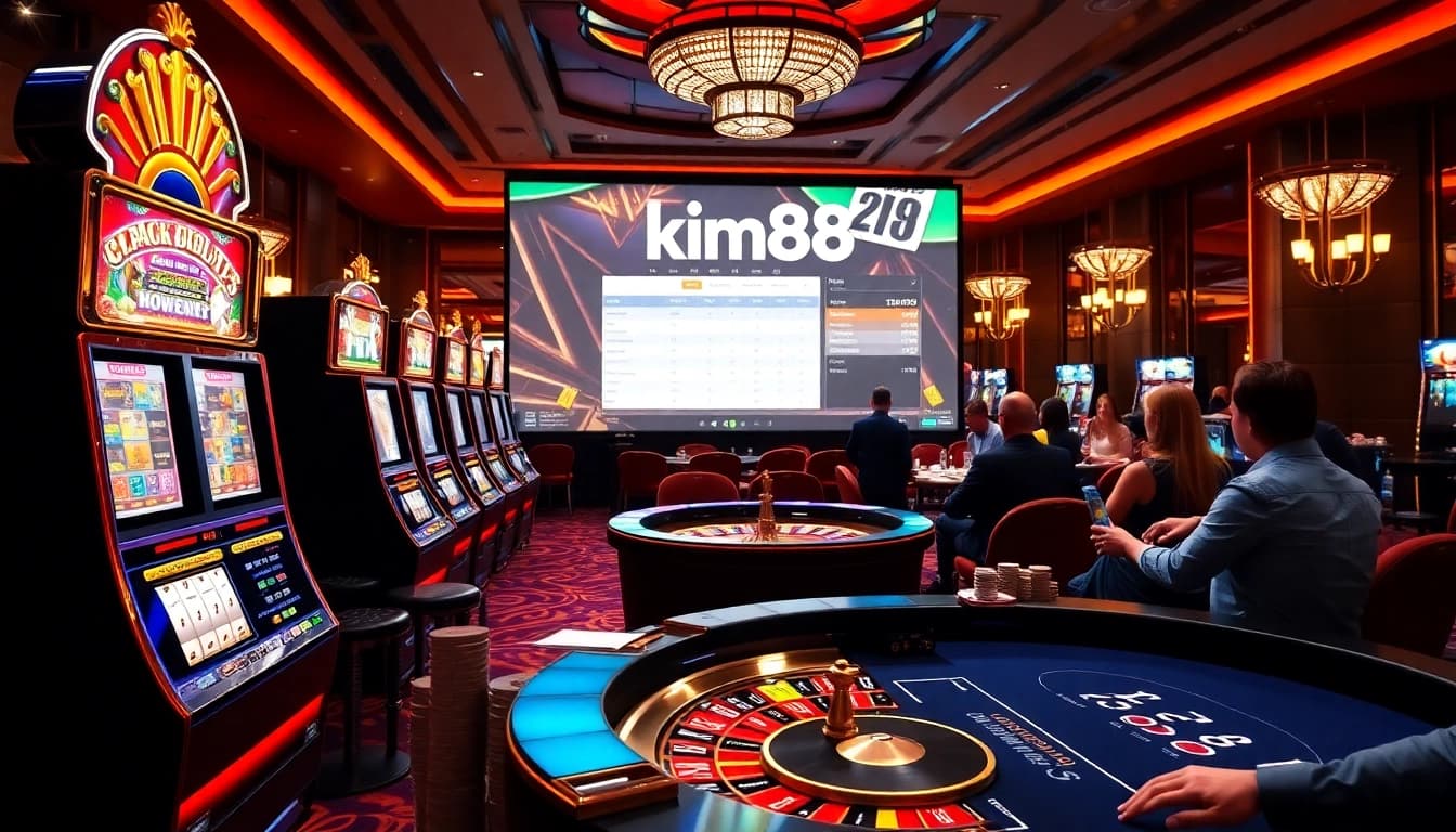 Exciting gaming atmosphere at kim88 with vibrant slot machines and a roulette table.