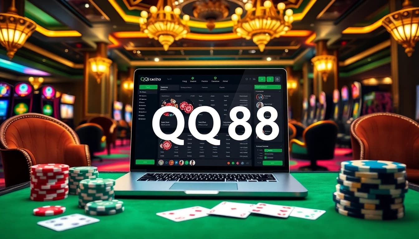 Engage with QQ88's online casino experience featuring vibrant poker chips and modern gaming setup.