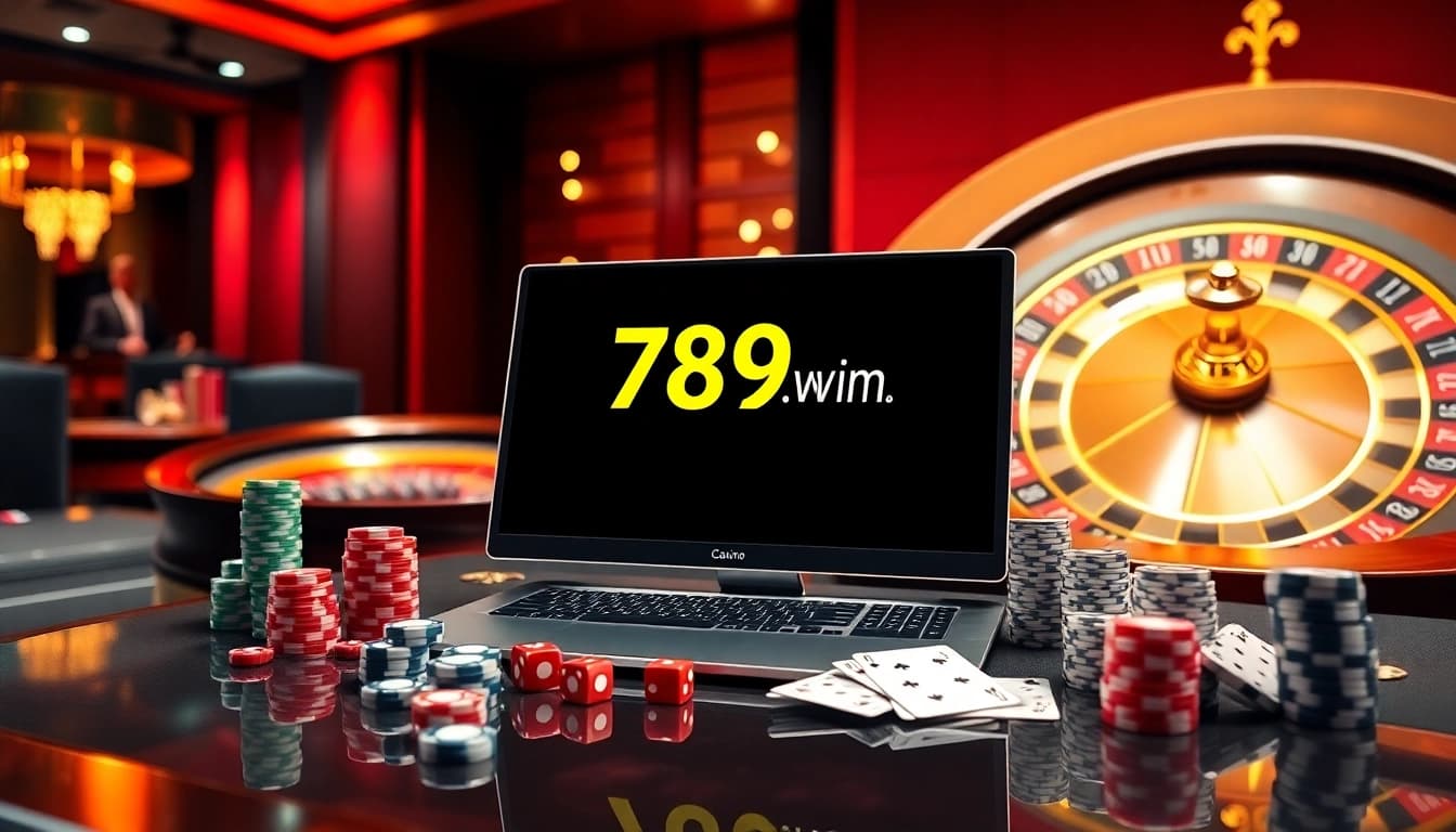 Engaging scene of online gambling at 789win com featuring a computer, poker chips, and a roulette wheel.