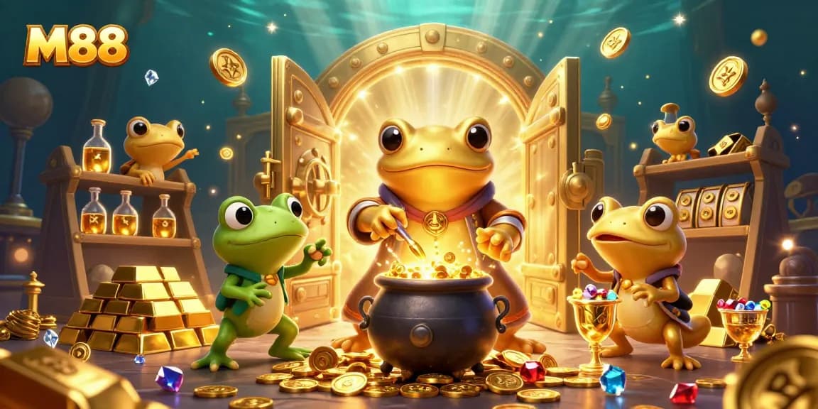 M88 showcases a golden alchemist crafting winning strategies in a rich casino treasure scene.
