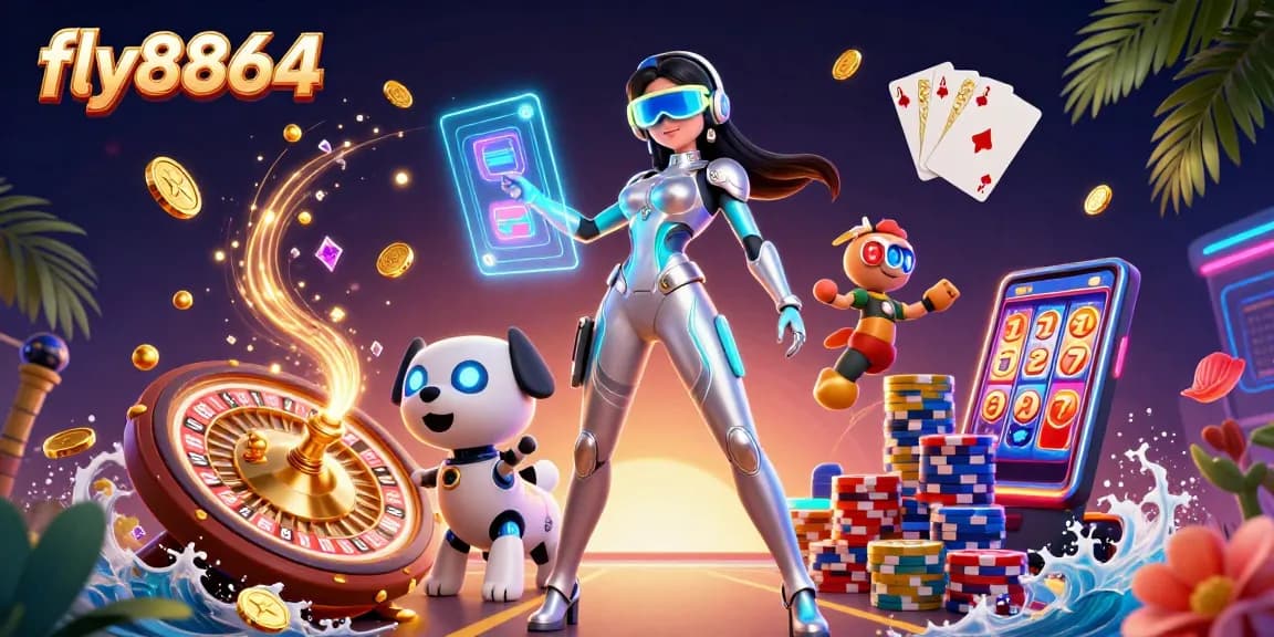 Experience dynamic gaming with fly8864 as coins cascade and cards spin in a vibrant 3D casino scene.