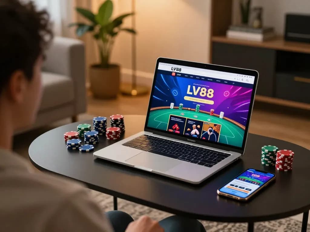 Engaging online gaming moment at trang chủ lv88 with a vibrant poker interface displayed on laptop.