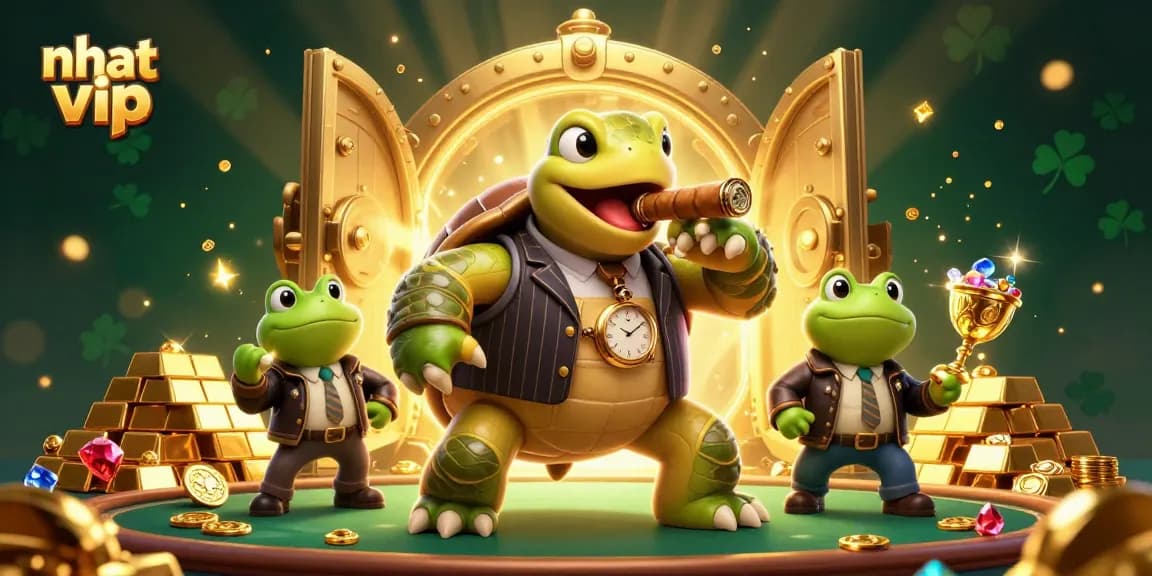 Experience the excitement of Nhat Vip with a vibrant casino scene led by a stylish turtle and bullfrog enforcers.