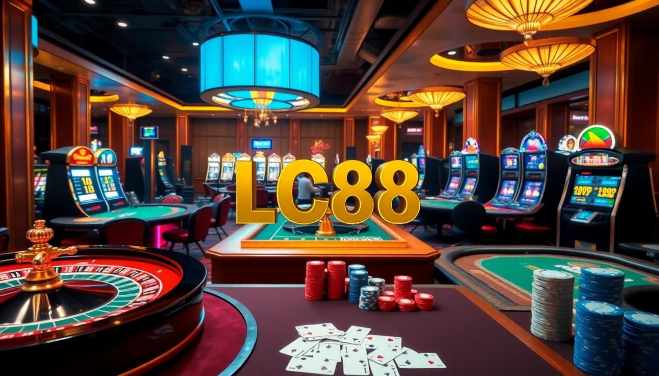 Experience the excitement at LC88's vibrant casino scene featuring roulette and poker tables.