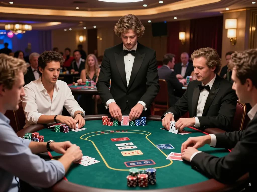 Players strategizing at a poker table in bl555 casino environment, bright lights and chips creating excitement.