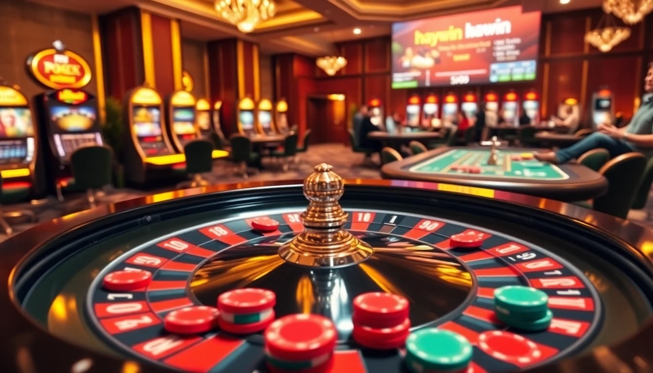 Excited players gather around roulette and poker tables at Haywin Casino, celebrating wins.